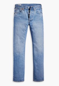 Jeans de mezclilla azul claro con pierna recta, cinco bolsillos, cierre de botón y detalles de costura en naranja. Acabado limpio y estándar.