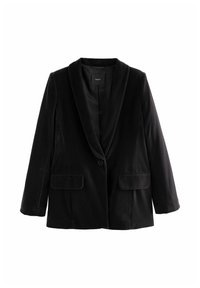 Czarna aksamitna marynarka z kołnierzem szalowym, zapinana na pojedynczy guzik, z dwoma przednimi kieszeniami i gładkim, miękkim podszyciem.