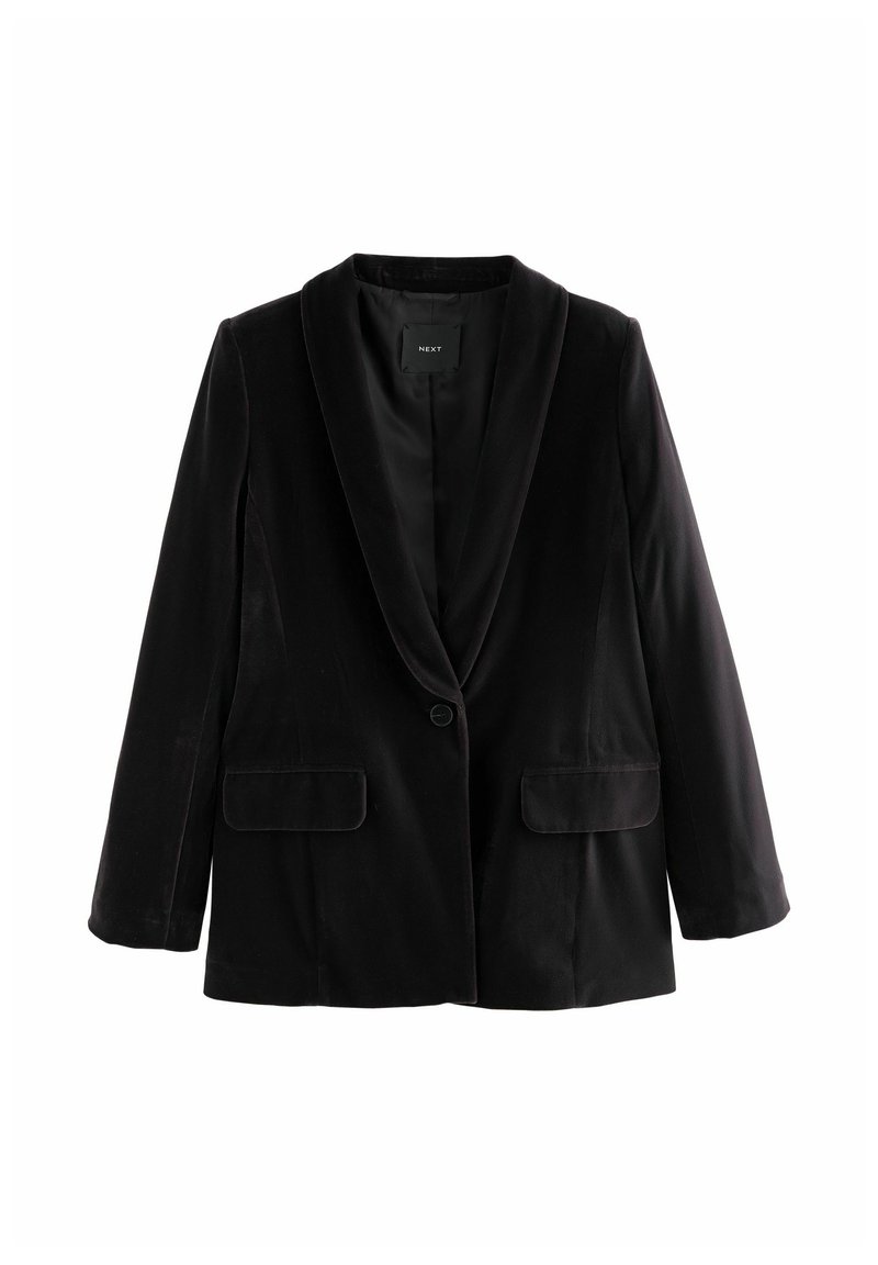 Czarna aksamitna marynarka z kołnierzem szalowym, zapinana na pojedynczy guzik, z dwoma przednimi kieszeniami i gładkim, miękkim podszyciem.