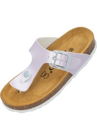 Sandal in pelle viola chiaro con una tracolla dotata di fibbia in argento, soletta in sughero e suola in gomma bianca. Un piccolo accento decorativo è visibile.