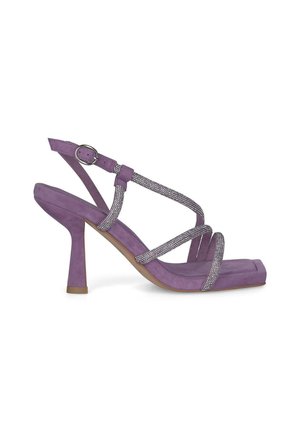 Lila Wildleder High-Heel Sandale mit quadratischer Zehenpartie, ausgestattet mit Strassriemen und einem verstellbaren Schnallenverschluss für einen sicheren Sitz.