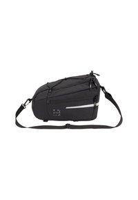 Borsa da ciclismo nera dal design elegante, dotata di una striscia riflettente, più tasche con zip, tracolla regolabile e tessuto testurizzato.