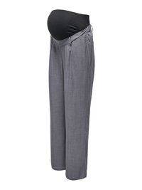 Gray maternity trousers with a tapered leg, featuring a black stretchy waistband and side pockets, made from lightweight fabric.