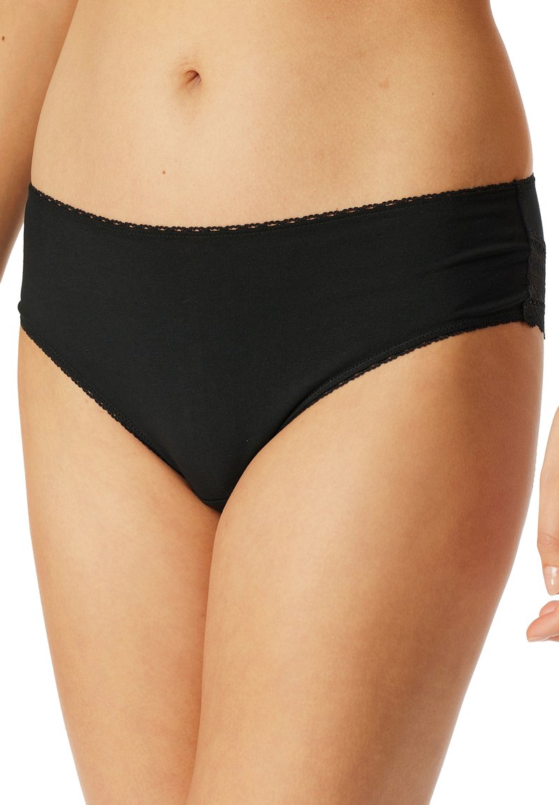 Zwarte katoenen hipster onderbroek met een delicate kanten rand bij de taille en zijkanten, met een gladde textuur en een aansluitend ontwerp.