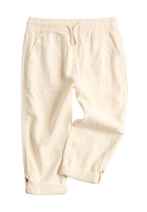 Helle beige Freizeithose mit elastischem Bund, Kordelzug, Fronttaschen, umgeschlagenen Bündchen und Knopfdetails am Knöchel.