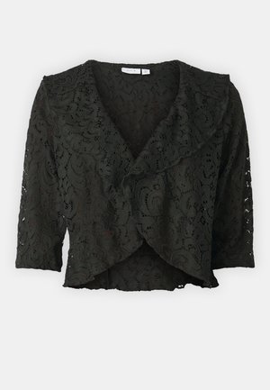 Črna čipkasta kratka jakna s vrtinčastim vzorcem, 3/4 rokavi in šalom. Lahka, strukturirana tkanina z odprtim sprednjim delom.