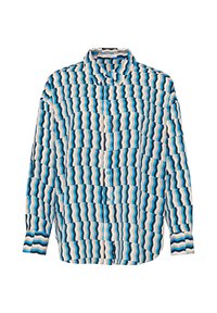 Koszula zapinana na guziki wykonana z lekkiego materiału. Posiada niebiesko-czarny-beżowy falisty wzór. Z kołnierzykiem, długim rękawem i zapięciem na guziki z przodu.