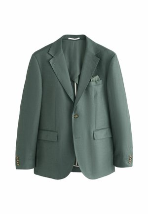 Single-button dark green tailored blazer with notch lapels, flap pockets, and a pocket square on a white background.