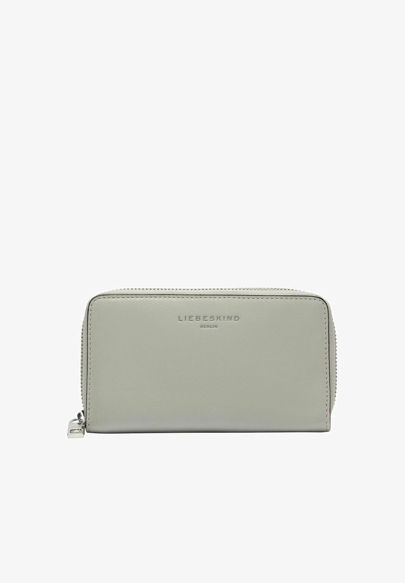 Portefeuille Liebeskind en gris clair, fabriqué en cuir lisse avec une fermeture éclair tout autour et un logo embossé à l'avant. Forme rectangulaire.