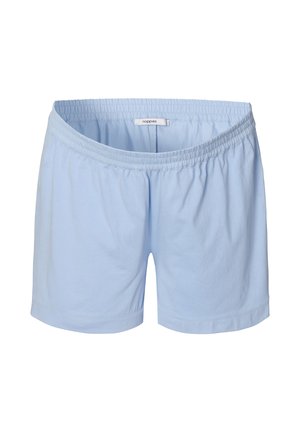 Light blue cotton shorts with an elastic waistband, featuring a relaxed fit and smooth texture. No patterns or additional details.