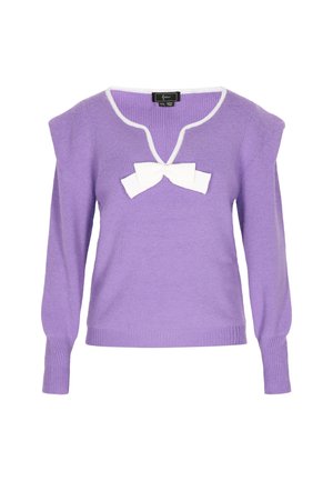 Lilac knitted sweater with a white neckline and bow detail at the chest. Features long sleeves with ribbed cuffs and a fitted hem.