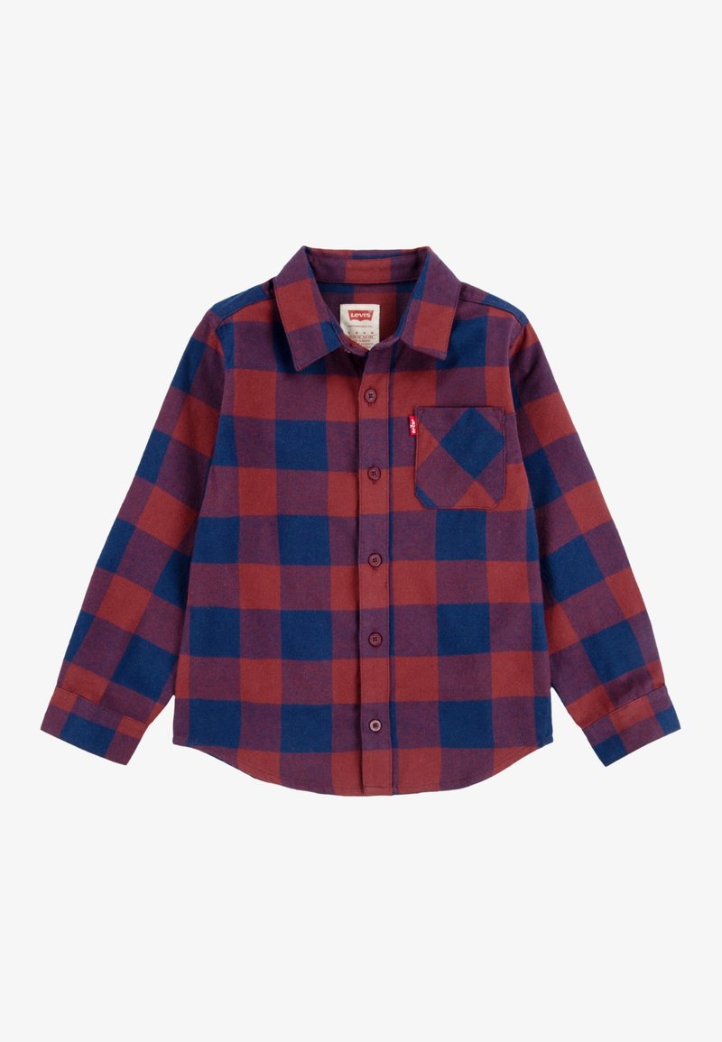 Camisa de cuadros roja y azul de manga larga con cierre de botones, un cuello clásico y un bolsillo en el pecho. Fabricada con una suave tela texturizada.