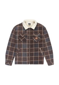 Chaqueta de forro polar con un patrón de cuadros marrones y grises. Presenta un cuello de sherpa color crema, dos bolsillos en el pecho y un cierre de cremallera.