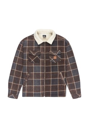 Giacca in pile con un motivo a quadri marrone e grigio. Presenta un colletto in sherpa color crema, due tasche sul petto e una chiusura con zip.