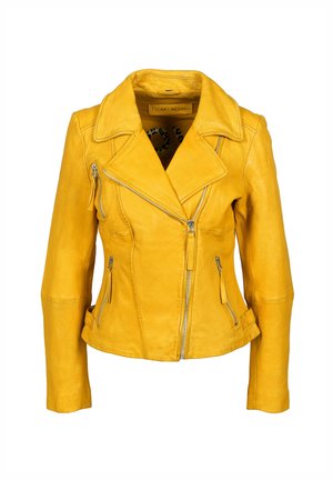 Veste de moto en cuir jaune avec un col dénoté, fermeture éclair asymétrique à l'avant et plusieurs poches zippées. Finition texturée, design ajusté.