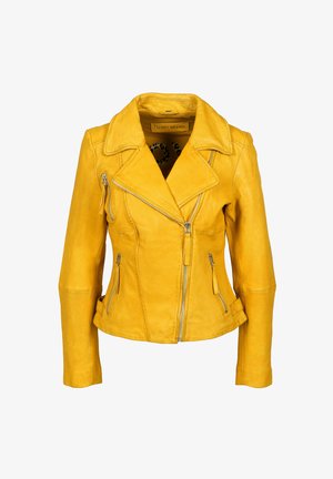 Gelbe Leder-Motorradjacke mit einem abgeschrägten Kragen, asymmetrischem Frontreißverschluss und mehreren Reißverschlusstaschen. Strukturiertes Finish, figurbetonte Passform.