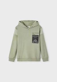 Green hoodie with a front pocket, featuring a graphic print on the chest. Made of soft fabric, it has a drawstring hood and ribbed cuffs.