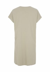 Beige, kortærmet kjole med en løs pasform, lavet af blødt stof. Ryggen har et simpelt, rent design uden udsmykninger.