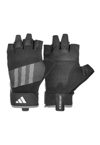 Black fingerless gloves with textured palm and breathable mesh fabric. Features reinforced stitching, adjustable wrist strap, and logo detail.