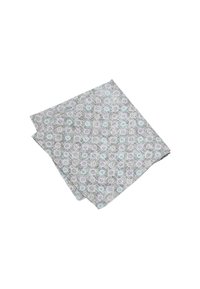 Patterned cotton fabric in light shades of blue, purple, and gray, featuring a circular floral design. Folded with a soft texture.