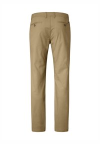 Beige Baumwollhose mit geradem Schnitt, zwei Gesäßtaschen mit Knöpfen und ohne sichtbare Markenlogos oder -kennzeichnungen.