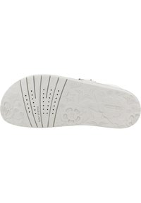 Suela de zapato de EVA blanca con un diseño plano. Presenta patrones de estrellas y flores, junto con orificios de ventilación y suelas acanaladas para mayor tracción.