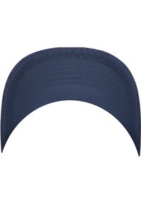 Navy blue cap with a curved brim, made of durable fabric, featuring stitched details along the edge and a smooth texture.