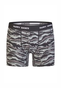 Schwarz- und grau gestreifte Boxer-Shorts mit einem weichen, elastischen Bund, der mit "HAPPY SHORTS" beschriftet ist. Das Material wirkt glatt und hat eine enge Passform.