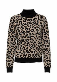 Pull en imprimé léopard avec une base beige et des taches noires, un col roulé noir, et des poignets et un ourlet noirs unis.