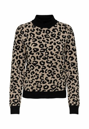 Pull en imprimé léopard avec une base beige et des taches noires, un col roulé noir, et des poignets et un ourlet noirs unis.
