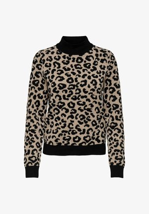 Maglione con stampa leopardo caratterizzato da una base beige con macchie nere, collo alto nero e polsini e orlo neri.