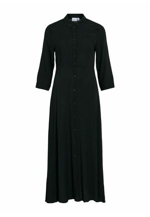 Melnas kleitas ar garām piedurknēm, ar pogu aizdari priekšā, apkakli un savilktu jostasvietu, kas nodrošina plūstošu siluetu. Gluda auduma un pielāgota forma.