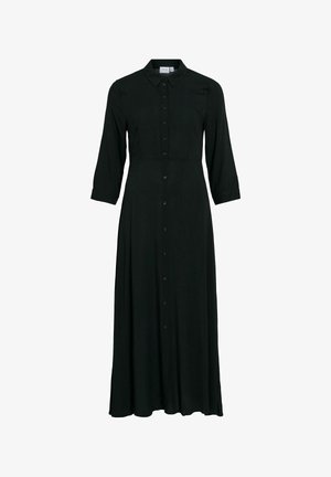 Czarna, długa sukienka z długim rękawem, z guzikami z przodu, kołnierzykiem i marszczoną talią, co tworzy płynny kształt. Gładki materiał i dopasowany krój.
