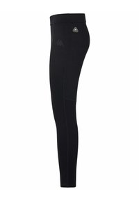 Leggings neri realizzati in materiale elasticizzato, con un alto cinturino in vita e una patch con logo sulla parte superiore della coscia. Texture liscia, design aderente.