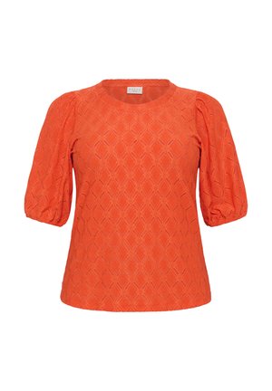 Feloranje top met korte mouwen, voorzien van een gestructureerd diamantpatroon en pofmouwen. Ronde halslijn en een iets relaxte pasvorm.