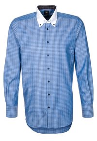 Niebieska koszula w kratę z białym kontrastowym kołnierzem, długimi rękawami i zapinana na guziki z przodu. Gładka bawełniana tkanina o miękkiej fakturze.