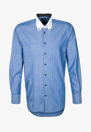 Blauw geruit overhemd met een witte contrastkraag, lange mouwen en een knoopsluiting aan de voorkant. Gladde katoenen stof met een zachte textuur.