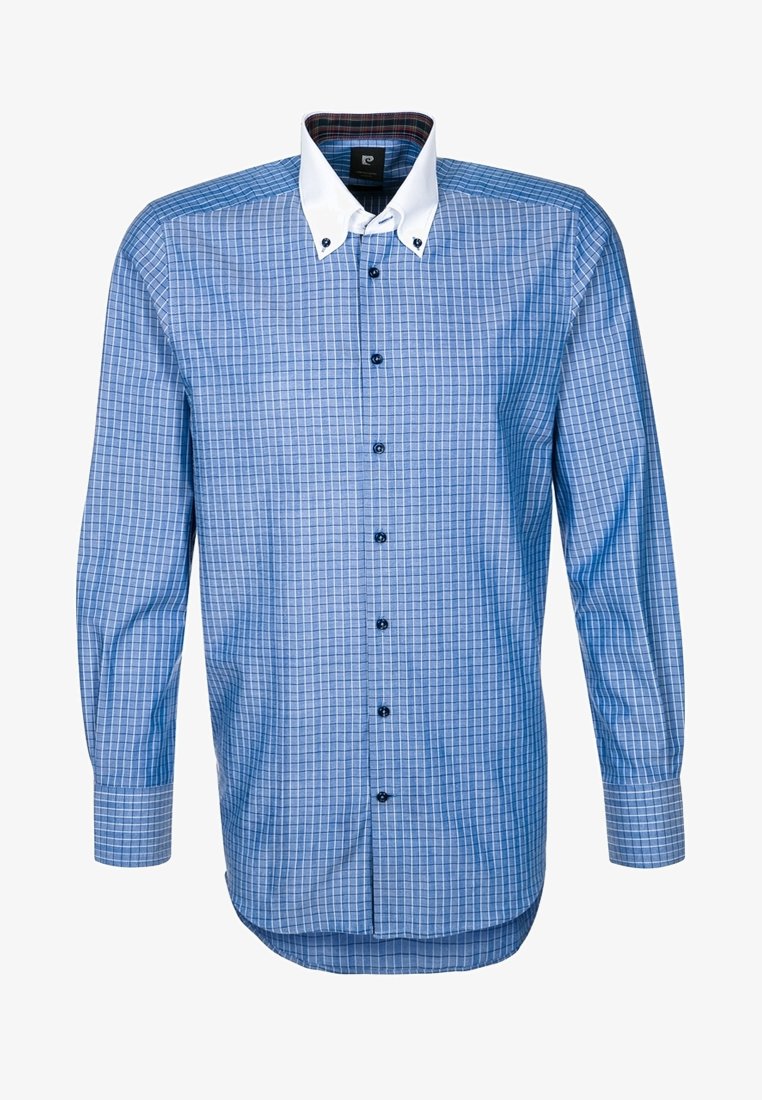 Niebieska koszula w kratę z białym kontrastowym kołnierzem, długimi rękawami i zapinana na guziki z przodu. Gładka bawełniana tkanina o miękkiej fakturze.