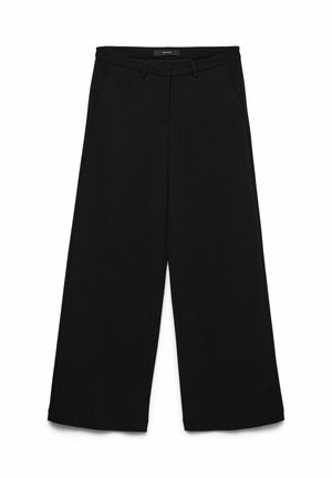 Pantalons larges noirs en tissu lisse. Comprend deux poches latérales et une taille nette. Aucun motif visible ni détail matériel.