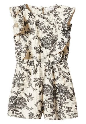 Bloemenromper in roomwit met zwarte bloemenpatronen. Voorzien van gerimpelde schouders, gestructureerde stof en een ontspannen pasvorm. Korte lengte.