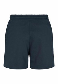 Tumši zili elastīgi šorti ar sānmalu kabatām un mazu izšūtu logotipu netālu no jostasvietas labajā pusē.