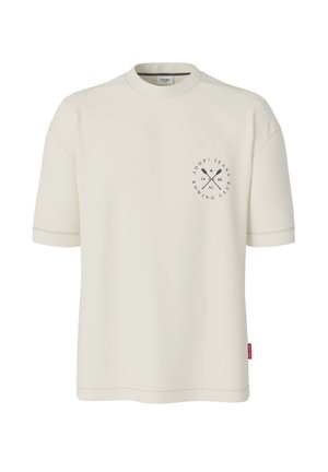 Cremefarbenes T-Shirt mit kurzen Ärmeln, Rundhalsausschnitt und kleinem schwarzem Logo mit gekreuzten Rudern und dem Text "JOOP! JEANS ROWING CLUB 1988" auf der Brust.