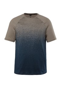 Camiseta de manga corta con un diseño degradado que va del beige claro al azul oscuro, con una textura suave y mangas raglán.