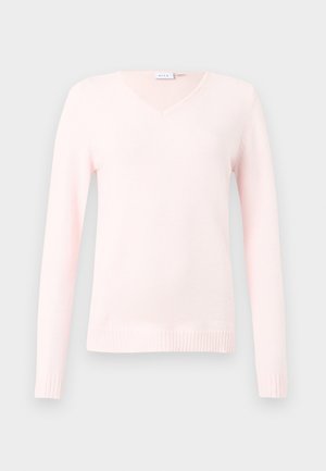 Maglione rosa chiaro a scollo a V, maniche lunghe, realizzato in materiale morbido, orlo e polsini a coste, texture liscia, design semplice senza motivi.
