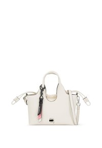 White leather handbag with dual handles, adjustable strap, and a decorative tag. Features a smooth texture and a small logo detail.