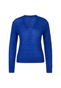 Sweter z dekoltem w serek i długim rękawem w żywym odcieniu niebieskiego. Wykonany z lekkiej, teksturowanej dzianiny o luźnym kroju i ściągaczu u dołu.