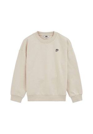 Beige crewneck-sweatshirt med ribkantede manchetter og kant, med en lille sort-hvid fuglelogo broderet på venstre bryst.