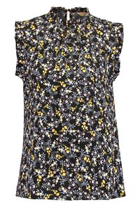 Blommig blus med korta volangärmar. Svart bakgrund med blommönster i gult, rosa och vitt. Rund halsringning med knäppning.