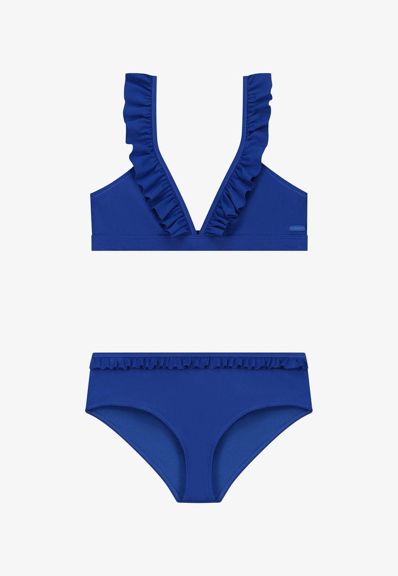 Mėlynas bikinis, kuriame yra raukšlėta V formos viršutinė dalis ir atitinkamas apatinis trikotažas, pagamintas iš lygaus audinio su švelniu tekstūra ir klasikinio kirpimo.