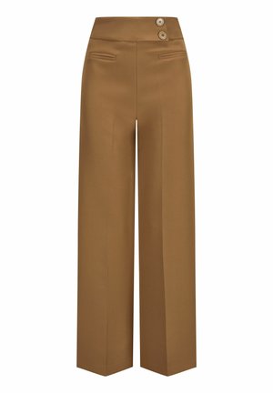 Pantalons larges marron avec une taille haute, dotés de deux boutons et de poches latérales. Texture de tissu lisse, design ajusté.